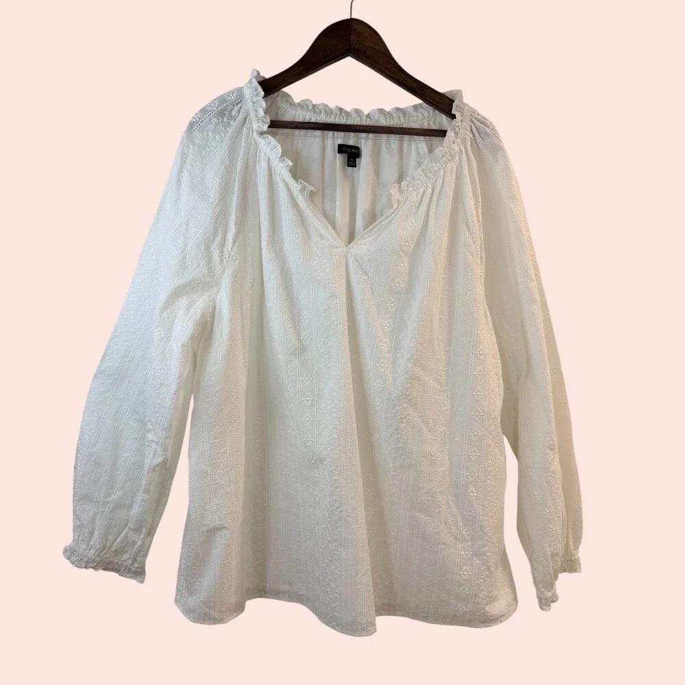 Talbots Women's XL White Eyelet Embroidered Peasant Blouse Ruffle Boho Top - Picture 2 of 6